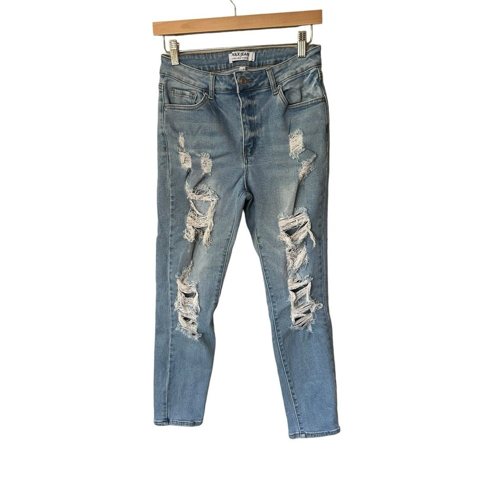 Wax Jean Womens 7/28 High Rise Distressed Destroyed Straight Tapered Blue Jean